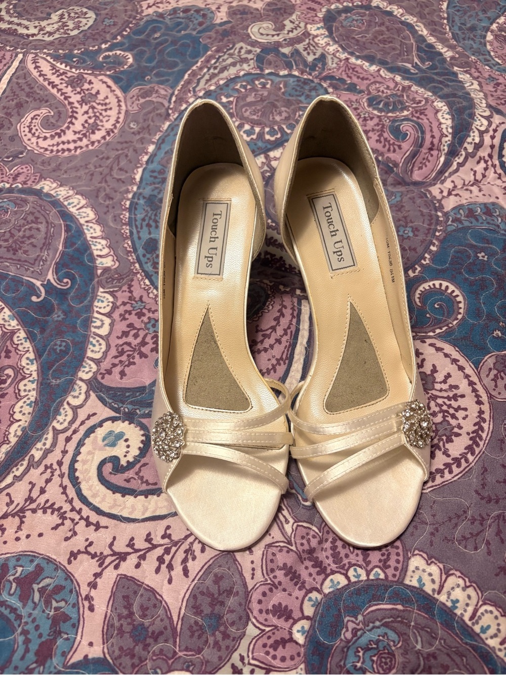 Touch Ups Women's White Satin Peep-Toe Heels with Crystal Accent